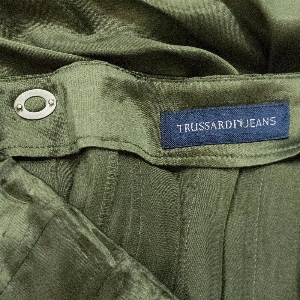 Trussardi Moss Green Satin Pleated Midi Skirt 46 - Picture 3 of 5